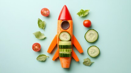 Creative image of rocket formed with vegetables and legumes like carrots, tomatoes, cucumbers and other healthy foods. Healthy eating, healthy lifestyle