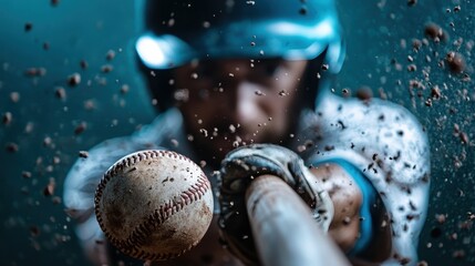 A close-up shot captures a baseball player in mid-swing, with dirt flying around, showcasing the intensity and motion involved in the sport, emphasizing competitive spirit and athleticism.