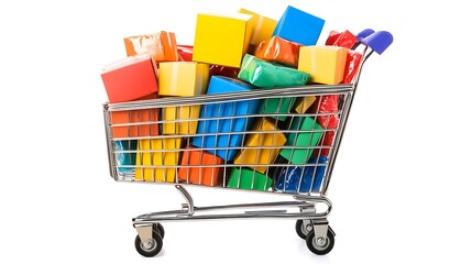 A shopping cart brimming with colorful gifts is ready for purchase at the market
