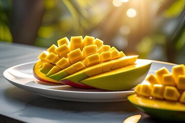 Fresh mango slices arranged on white plate