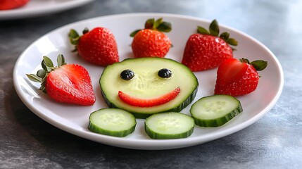 Fresh, healthy fruit salad with sweet strawberries and cucumber smile on a white plate
