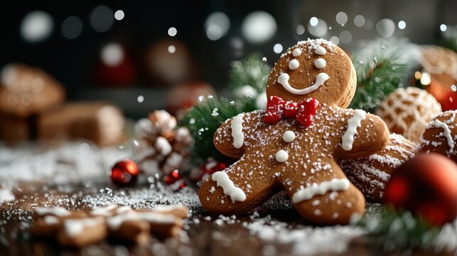 A charming gingerbread man with icing decorations sits among festive treats, embodying the joy and sweetness of the holiday season in a cozy atmosphere.