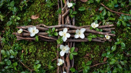 Concept photo of a cross made of natural twigs and branches, adorned with delicate white flowers and surrounded by vibrant greenery, symbolizing the beauty and simplicity of faith.