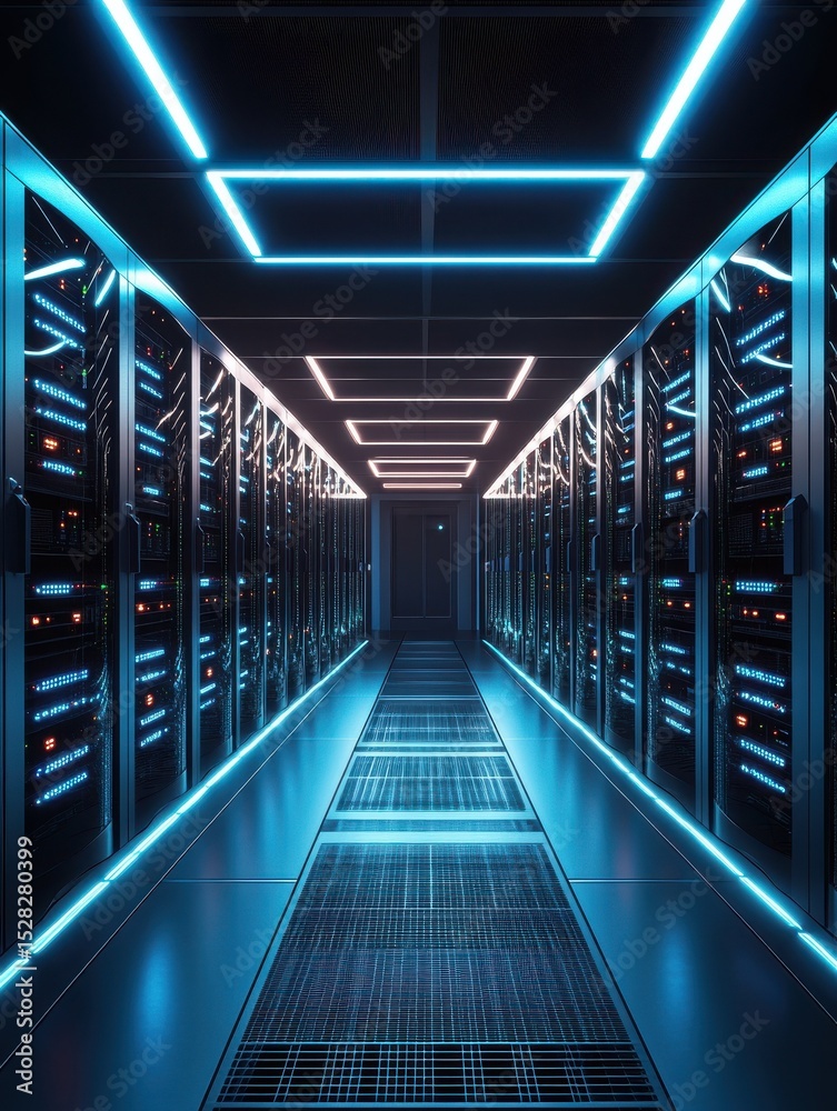 Poster modern data center filled with operational server racks supporting cloud computing and artificial in
