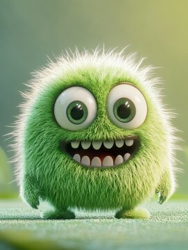 The cute and fuzzy green monster with big eyes and a happy smile is a playful and colorful cartoon