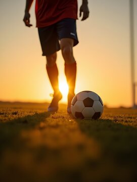 Low-angle view of a soccer player's legs in action, with a ball at focus. Golden sunset in background