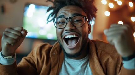 A joyful man expressing excitement and celebration in a cozy home environment, illuminated by warm lights, representing the joy of shared moments and friendships.