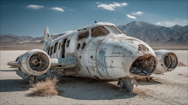 Abandoned vintage airplane decays in a desolate desert landscape setting.