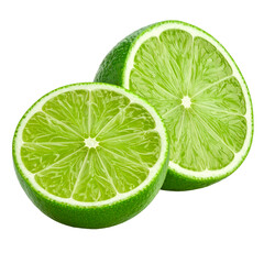 Vibrant halved limes displaying their juicy interior, refreshing citrus fruit on the transparent background