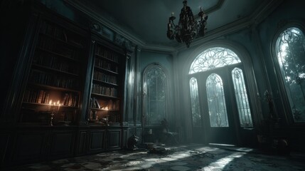 Grand library with antique chandelier and sunlight beaming through .
