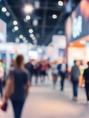 Blurred Background of Busy Trade Show or Convention Center with Attendees and Exhibit Booths