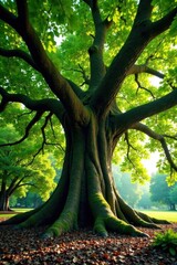 Ancient tree, colossal trunk, sunlight dappling leaves, forest, environmental