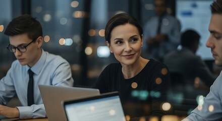Naklejka premium Business team members collaborating during a late night office meeting