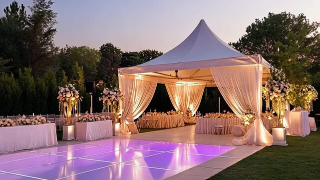 Romantic wedding tent setup with illuminated dance floor at dusk for celebrations