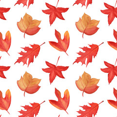 Seamless pattern with red autumn leaves in watercolor style. Vibrant and warm design perfect for fall-themed decorations, fabrics, gift wrap, and seasonal crafts.