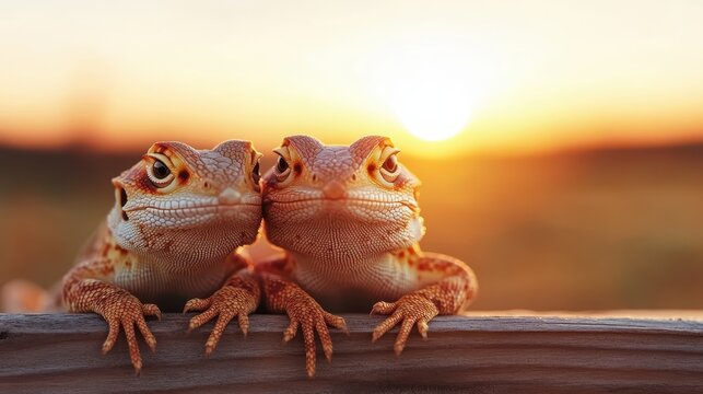 Two adorable lizards nestled close together against a backdrop of a stunning sunset, embodying love and companionship in nature's serene environment filled with golden hues.