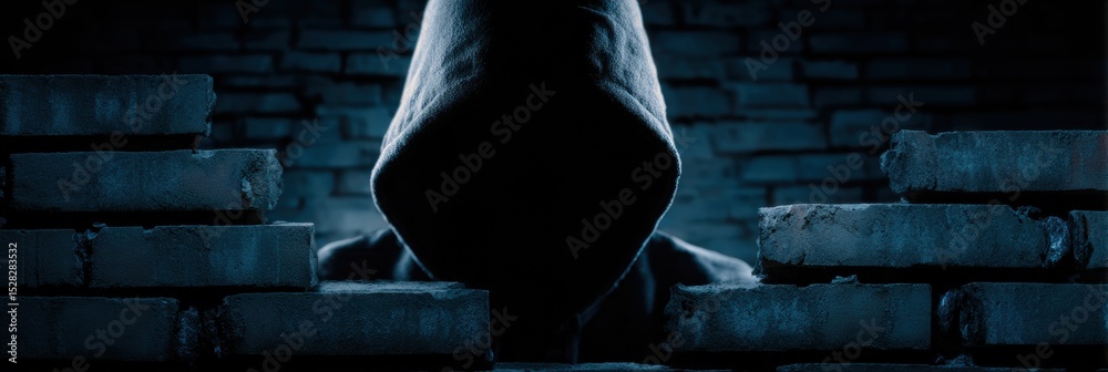 Poster Anonymous Hacker Silhouette Emerges Through Firewall Crack, Representing a Hidden Digital Threat in a Dark Environment