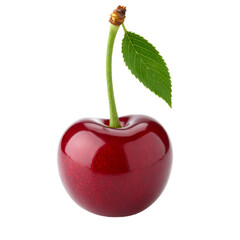 Isolated shiny ripe cherry with stem and leaf, highlighting vibrant color on the transparent background