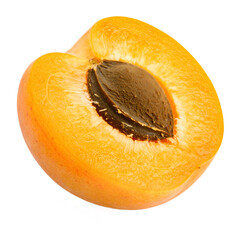 A halved apricot with its pit prominently displayed, showcasing its texture on the transparent background