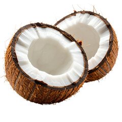 Halved, textured coconut exposing white flesh, representing tropical essence on the transparent background