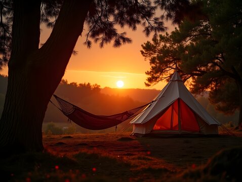 Glamping tent with hammock under tree at sunset creating relaxing camping experience