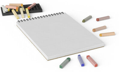 Blank spiral sketchbook surrounded by colorful pencils, pastel chalks, and pencil sharpeners on a white background. Artistic workspace concept. Suitable for drawing, sketching, creative design, educat