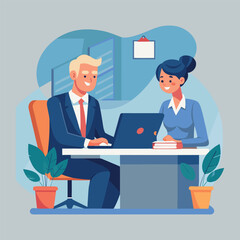 A woman and a man are seated at a desk, engaged in a business  conversation