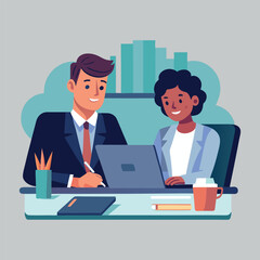 A woman and a man are seated at a desk, engaged in a business  conversation