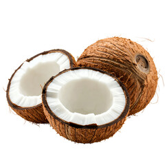 Deliciously fresh coconuts with vibrant green palm leaves present a tropical scene on the transparent background