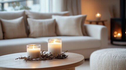 Cozy Living Room with Lit Candles on Wooden Table, Two Candles, Beige Decor, Hygge,Candlelight ,Home Decor Hygge, Home ambiance