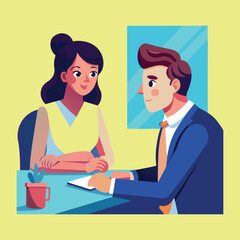 Fototapeta premium A woman and a man are seated at a desk, engaged in a business conversation