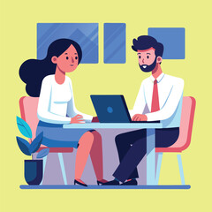 A woman and a man are seated at a desk, engaged in a business  conversation