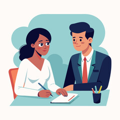 Fototapeta premium A woman and a man are seated at a desk, engaged in a business conversation