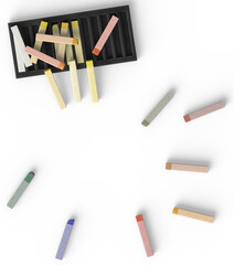 Colorful pastel chalks and box isolated on white background. Art supplies for drawing, creativity, and design mockups. Minimalist composition, top view.