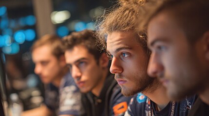 Obraz premium Four gamers are engrossed in their screens while participating in a multiplayer gaming tournament. The atmosphere is intense and competitive as they work to win.