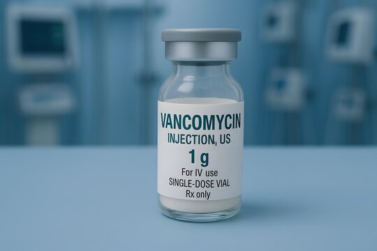 high-quality image of vancomycin 1g vial used for IV injection, photographed in ICU environment for medical use
