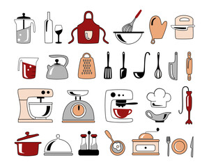 A set of hand-drawn vector icons on the theme of cooking. Illustrations of kitchen tools are isolated on a white background. Kitchenware and other objects related to the kitchen. Collection of color c