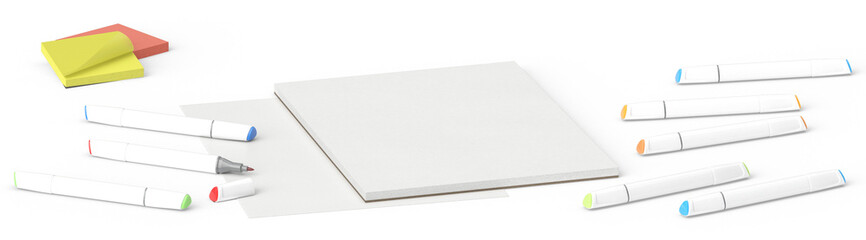 A set of colored markers, sticky notes, and sketchpad on a clean white background. Perfect for design, planning, or creative projects. Isolated top view.