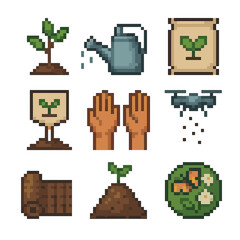 Habitat Restoration Icons. Pixel art icon set of habitat restoration projects: sapling tree, watering can, soil bag, native plant