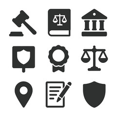 Legal Icons Grid. Flat icon set of legal protection and policy: gavel, law book, government building, protected area sign,
