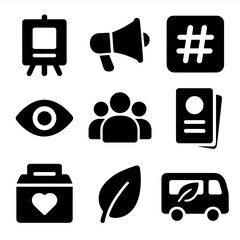 Public Awareness Icons. Solid, Filled icon set of public awareness campaigns: poster stand, megaphone, social media hashtag, eye