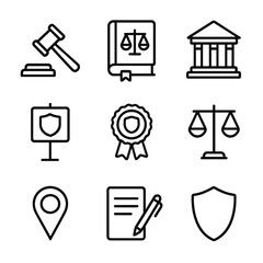 Legal Icon Set. Outline icon set of legal protection and policy: gavel, law book, government building, protected area sign,