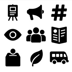 Public Awareness Icons. Solid, Filled icon set of public awareness campaigns: poster stand, megaphone, social media hashtag, eye