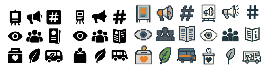 Marketing and promotion pixel art icons set – isometric, digital, advertising symbols