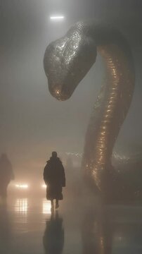 A man walks past a large snake in a foggy, dark setting