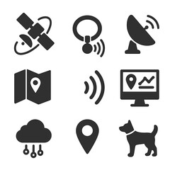 Satellite Tracking Icons. Flat icon set of satellite tracking technology: orbiting satellite, collar tag signal, antenna dish, map