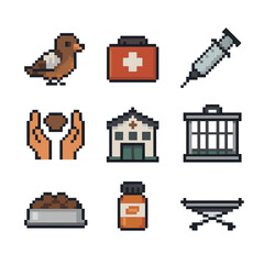 Rescue Center Icons. Pixel art icon set of rescue and rehabilitation centers: injured bird, first aid kit, veterinary syringe,