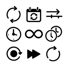 Time Loop Icons. Flat icon set of time loop motifs: circular arrow, repeating calendar, looped timeline, recursive clock face,