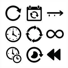 Time Loop Icons. Flat icon set of time loop motifs: circular arrow, repeating calendar, looped timeline, recursive clock face,