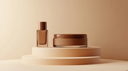 Cosmetic beauty product mockup on a podium, with a cream-colored background, in shades of brown